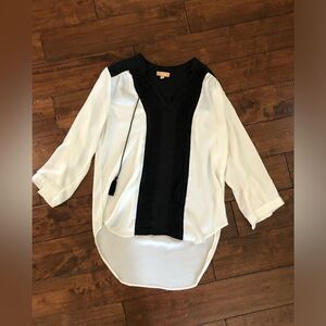 Women’s Colorblock Chiffon Blouse Black White Tassel M B2G2 FREE
